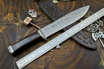 Heritage Forge Damascus Steel Bowie Knife with Wooden Handle | 12 Inch Hunting and Camping Knife