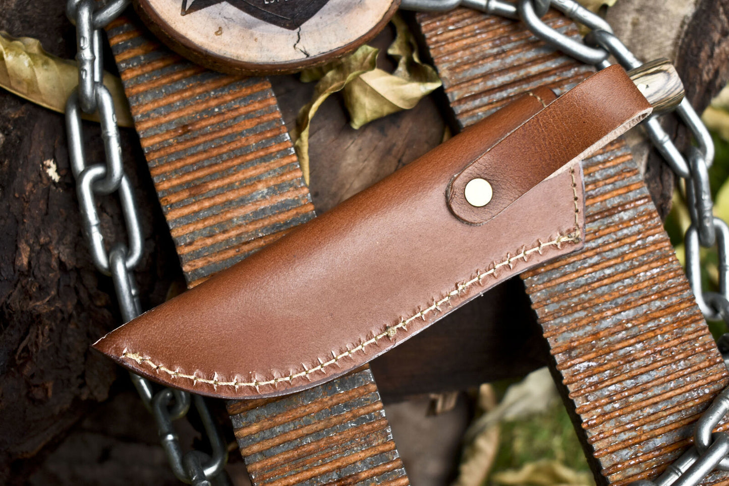 Forged Twist Damascus Skinner Knife 8 Inch with Hard Wood Handle and Wooden Bolster W/ Leather Sheath