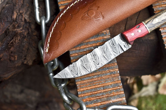 Forged Twist Damascus Skinner Knife 8 Inch with Hard Wood Handle and Wooden Bolster W/ Leather Sheath