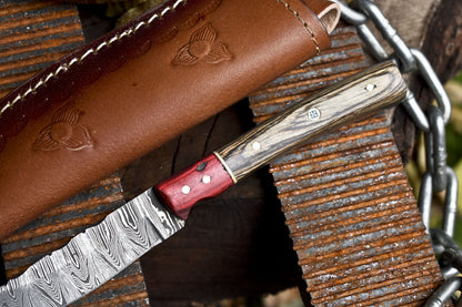 Forged Twist Damascus Skinner Knife 8 Inch with Hard Wood Handle and Wooden Bolster W/ Leather Sheath