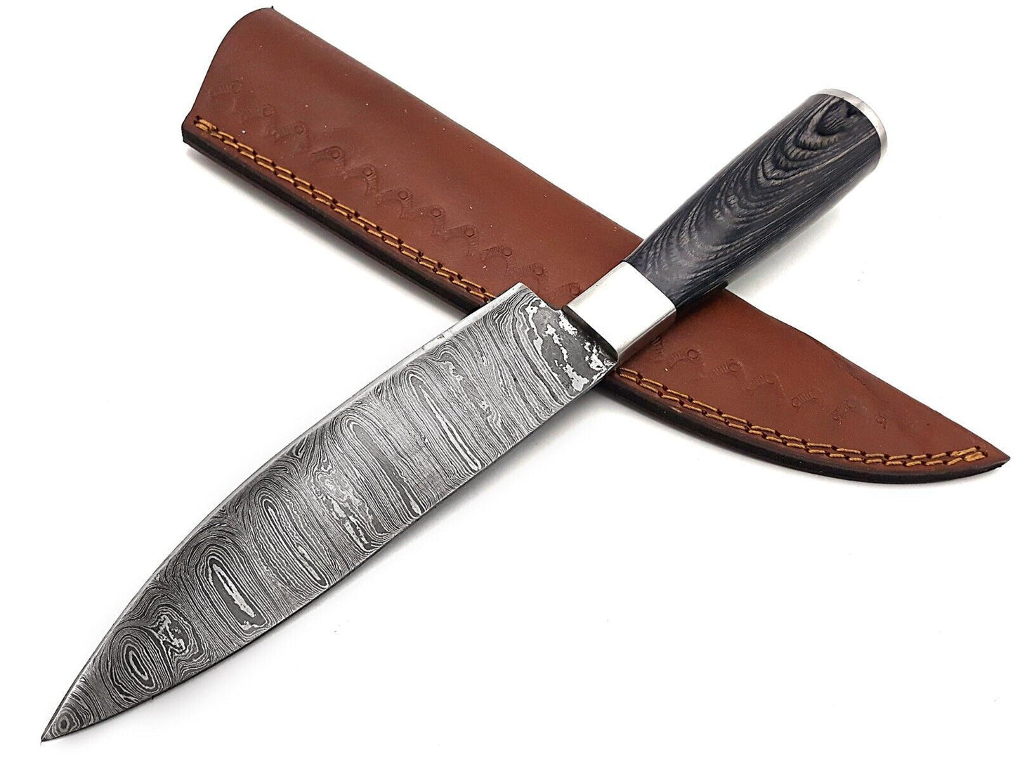 14" Handmade Damascus Steel Chef Knife – Forged Kitchen & Outdoor Camp Knife with Leather Sheath