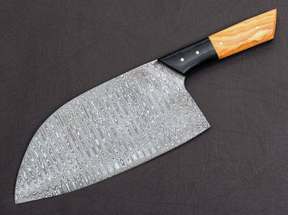Custom Hand Forged Damascus Steel Chef Cleaver – Handmade Meat Chopper with 7" Blade