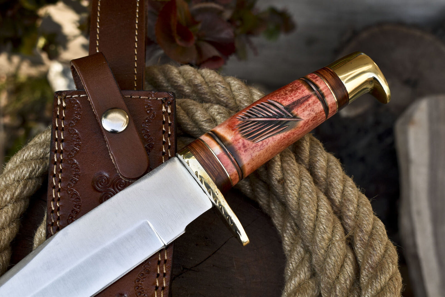 Sports D2 Steel Bowie Knife with Camel Bone Handle & Brass Guard – Handmade EDC Hunting Knife