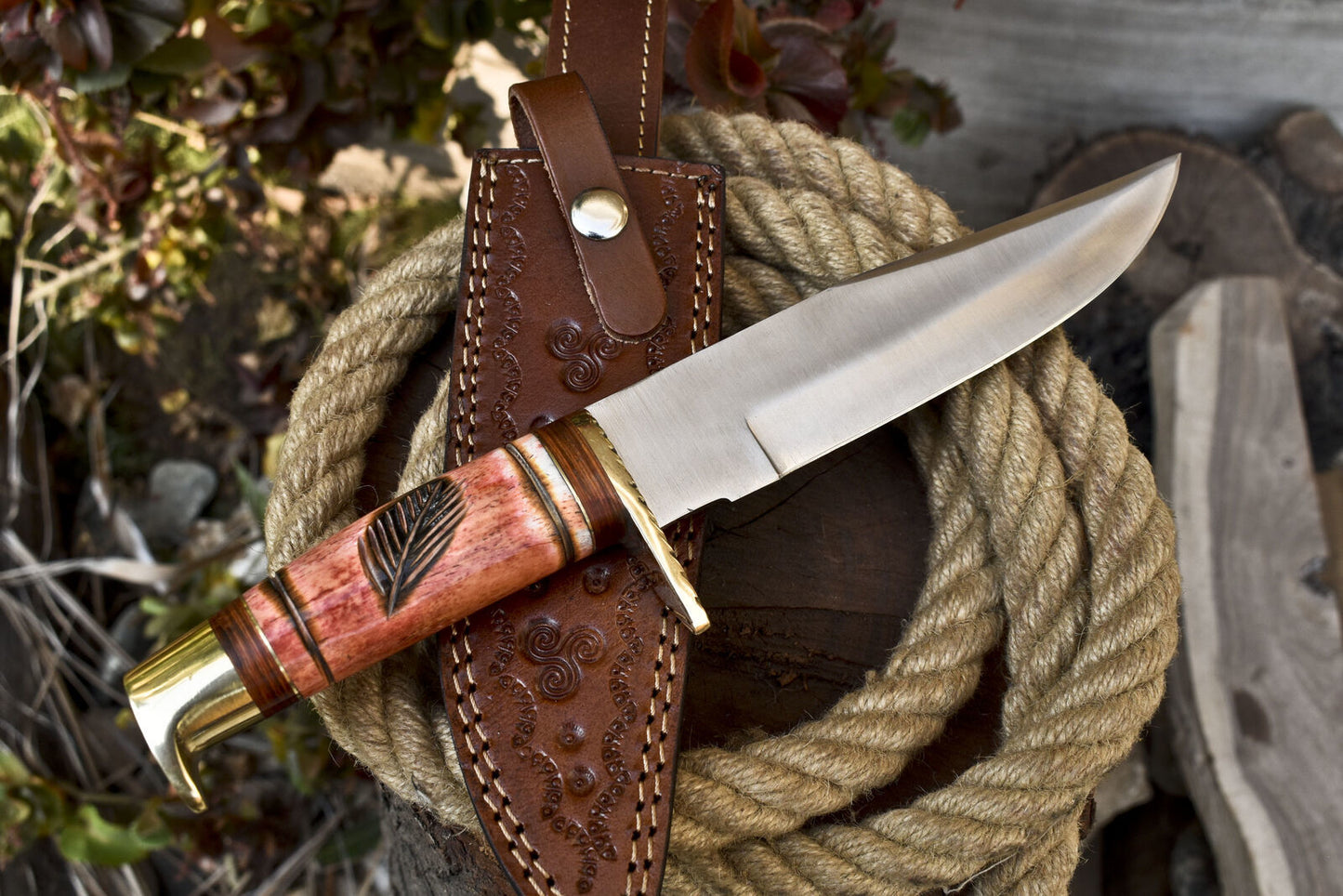 Sports D2 Steel Bowie Knife with Camel Bone Handle & Brass Guard – Handmade EDC Hunting Knife