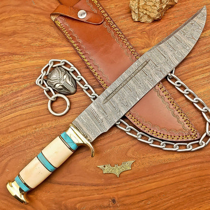 17 Inch Handmade Damascus Steel Bowie Knife with Bone Handle and Brass Bolster