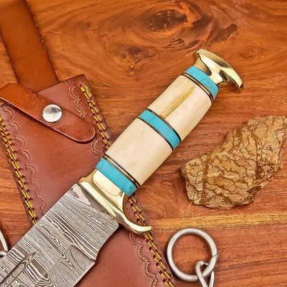 17 Inch Handmade Damascus Steel Bowie Knife with Bone Handle and Brass Bolster