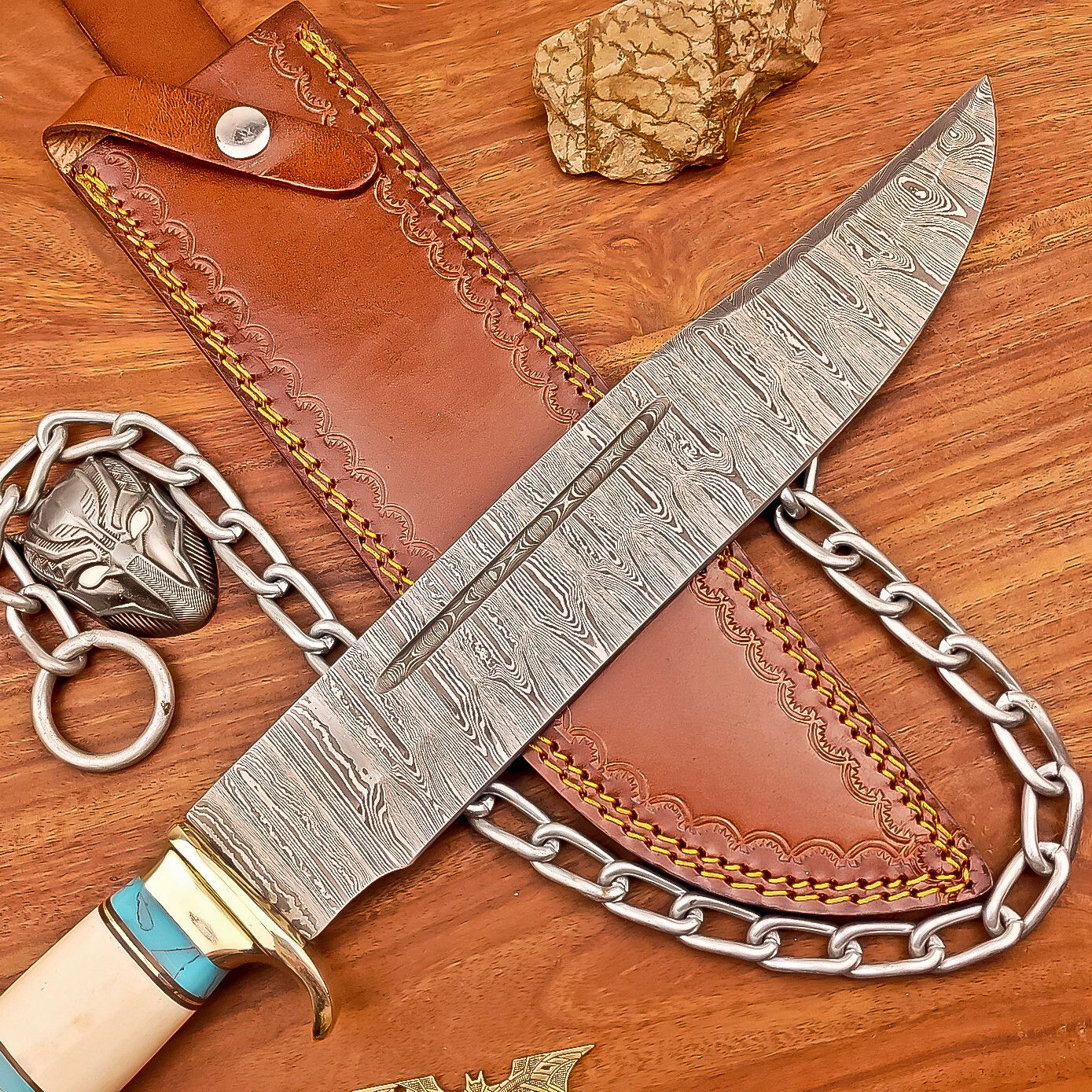 17 Inch Handmade Damascus Steel Bowie Knife with Bone Handle and Brass Bolster