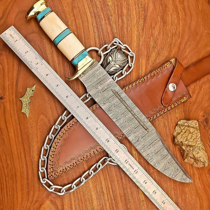 17 Inch Handmade Damascus Steel Bowie Knife with Bone Handle and Brass Bolster