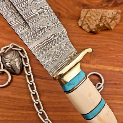 17 Inch Handmade Damascus Steel Bowie Knife with Bone Handle and Brass Bolster