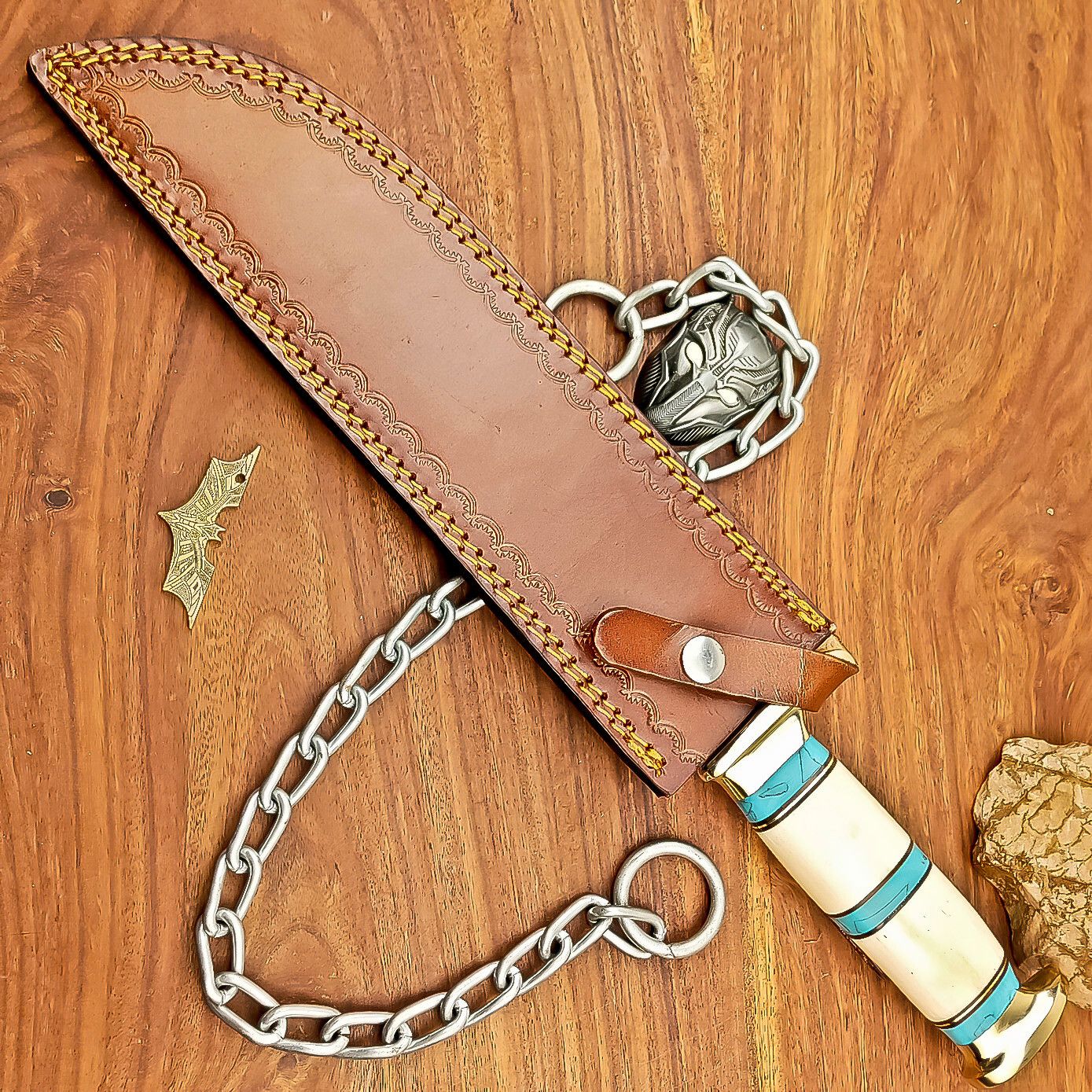 17 Inch Handmade Damascus Steel Bowie Knife with Bone Handle and Brass Bolster