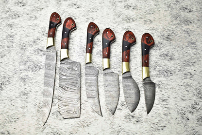 Lot of 6 Handmade Damascus Steel Chef Knife Set – Full Tang Kitchen Cutlery