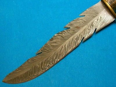 Vintage Feather Damascus Bowie Knife with Stag Antler Handle – 15.4" Custom Handmade Blade