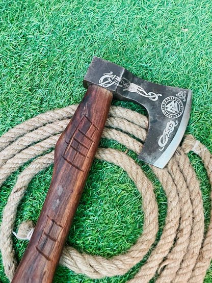 Hand Forged Carbon Etching Viking Axe Durable Bushcraft Cutting Hatchet with Leather Sheath