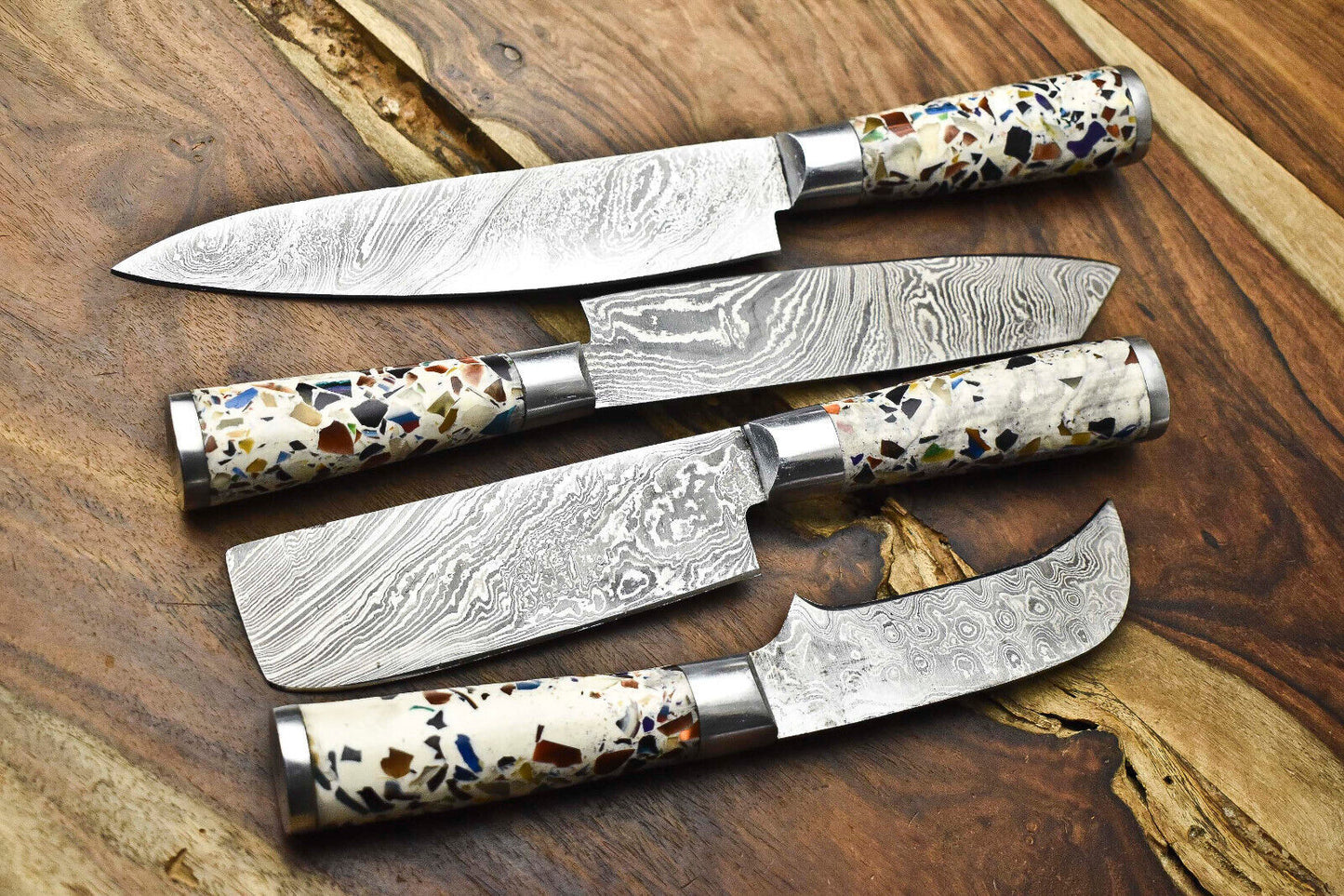Exclusive Lot of 4 Handmade Damascus Steel Chef Knife Set – 384-Layer Forged Blades