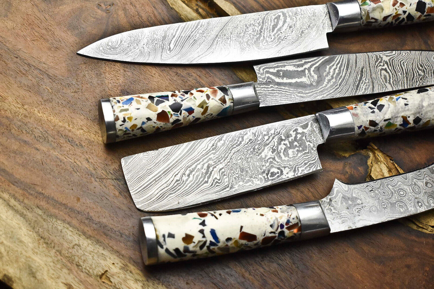 Exclusive Lot of 4 Handmade Damascus Steel Chef Knife Set – 384-Layer Forged Blades