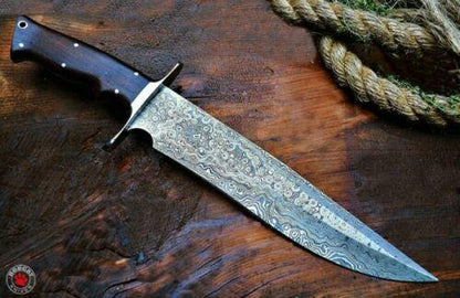 Handmade Damascus Steel Bowie Hunting Knife with Walnut Wood Handle by Heritage Forge