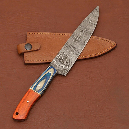 Handmade Damascus Steel Chef Knife 12" | Full Tang Wood Handle with Leather Sheath