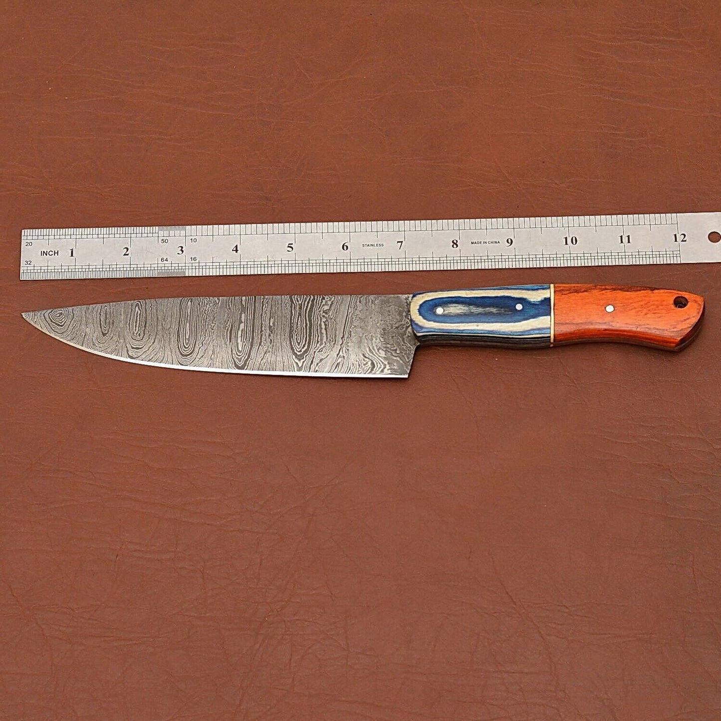 Handmade Damascus Steel Chef Knife 12" | Full Tang Wood Handle with Leather Sheath