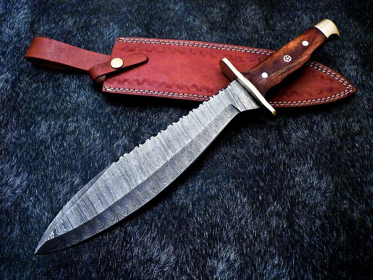 15" Damascus Bowie Knife – Natural Wood Handle with Mosaic Pin