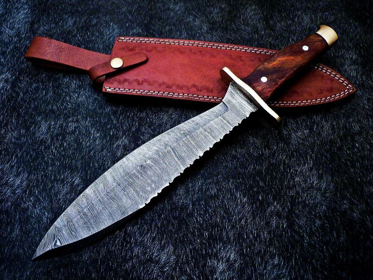 15" Damascus Bowie Knife – Natural Wood Handle with Mosaic Pin