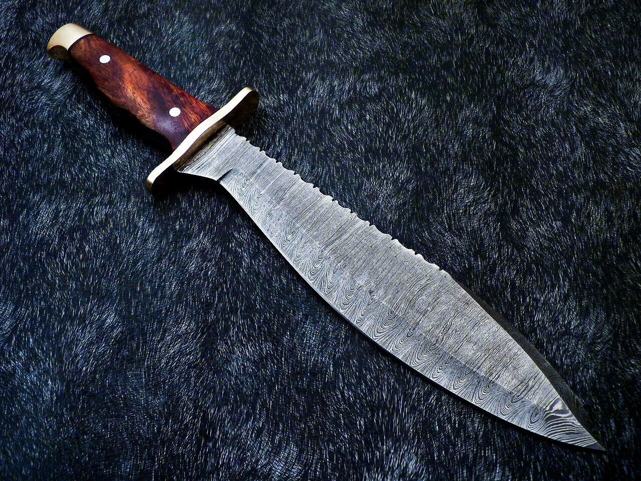15" Damascus Bowie Knife – Natural Wood Handle with Mosaic Pin