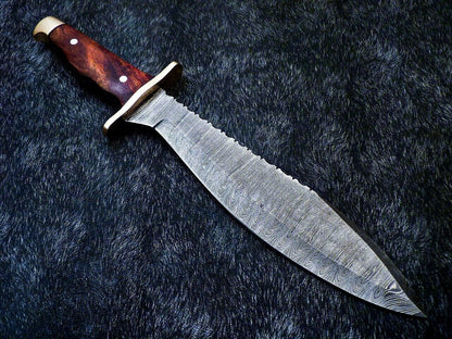 15" Damascus Bowie Knife – Natural Wood Handle with Mosaic Pin