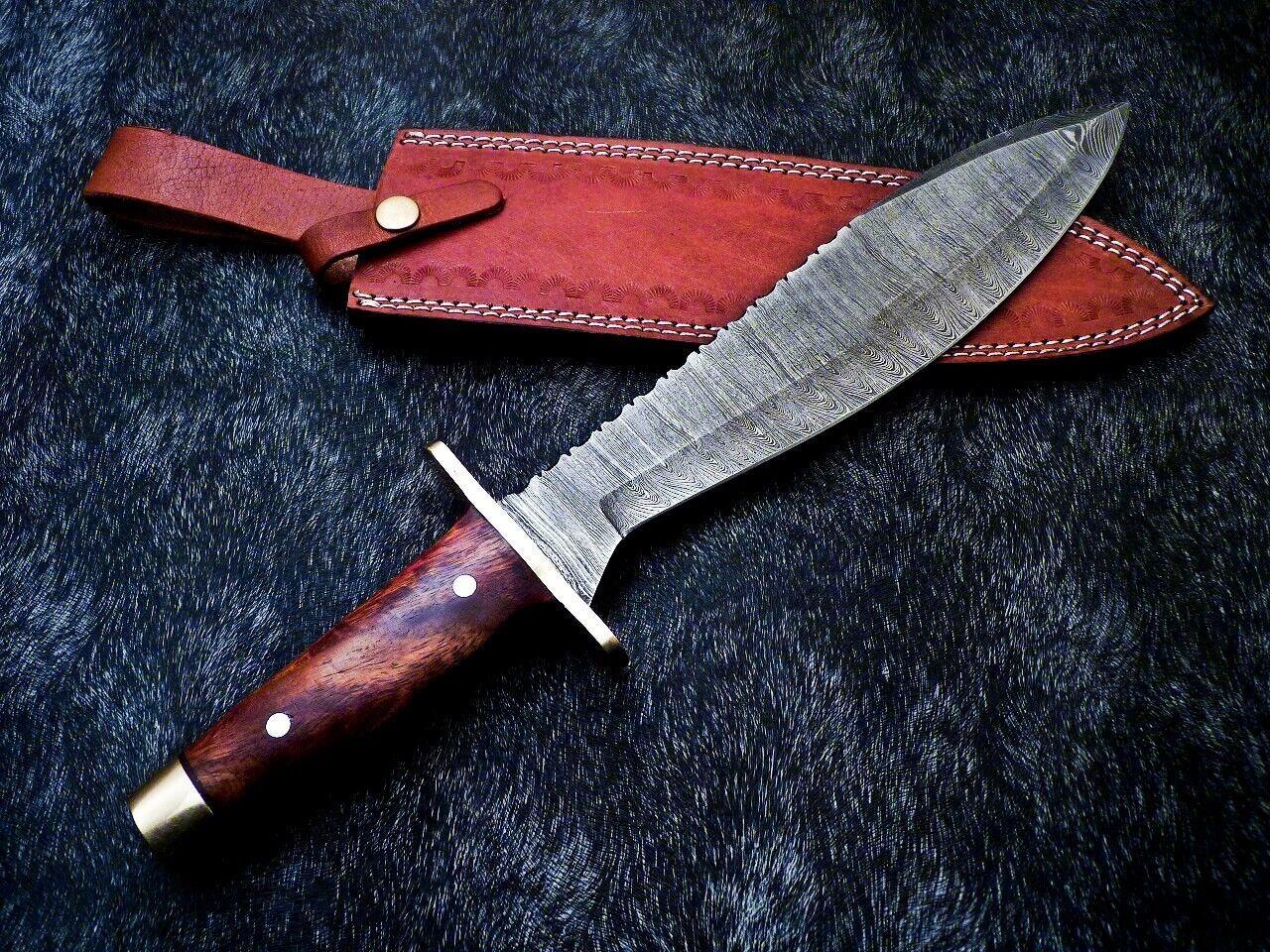 15" Damascus Bowie Knife – Natural Wood Handle with Mosaic Pin