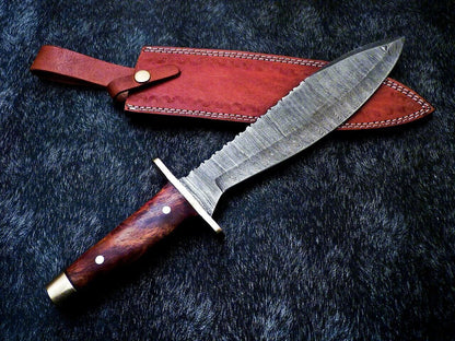 15" Damascus Bowie Knife – Natural Wood Handle with Mosaic Pin