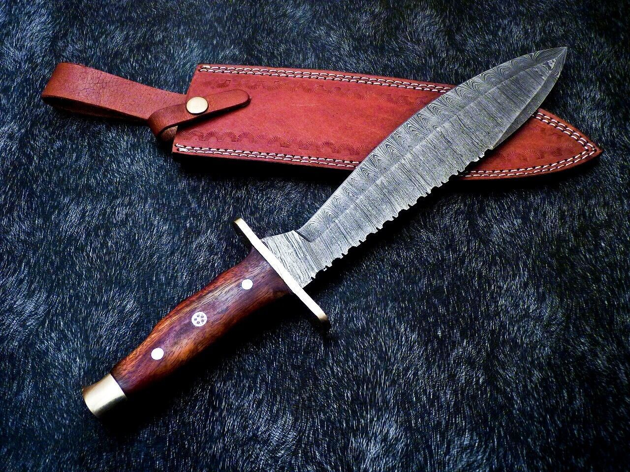 15" Damascus Bowie Knife – Natural Wood Handle with Mosaic Pin
