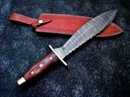 15" Damascus Bowie Knife – Natural Wood Handle with Mosaic Pin