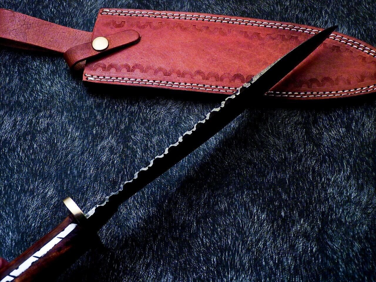 15" Damascus Bowie Knife – Natural Wood Handle with Mosaic Pin