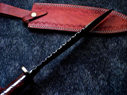15" Damascus Bowie Knife – Natural Wood Handle with Mosaic Pin