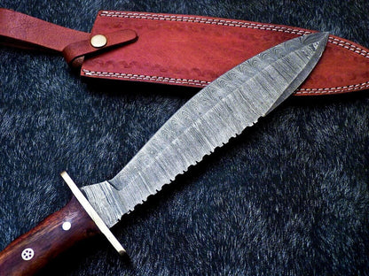 15" Damascus Bowie Knife – Natural Wood Handle with Mosaic Pin