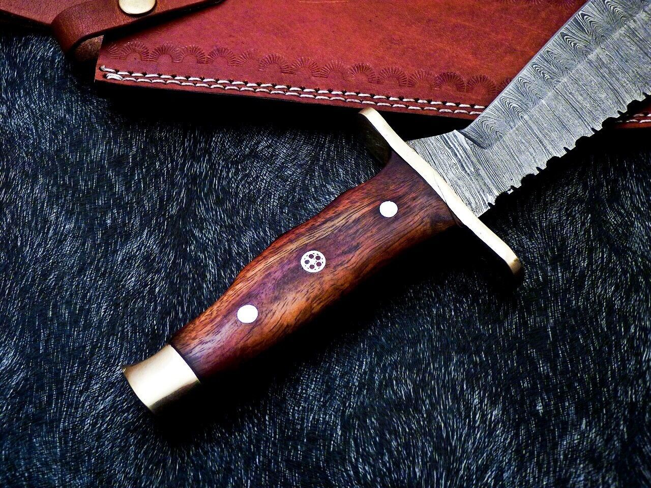 15" Damascus Bowie Knife – Natural Wood Handle with Mosaic Pin