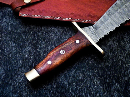 15" Damascus Bowie Knife – Natural Wood Handle with Mosaic Pin