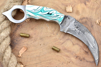 Custom Handmade Damascus Karambit Knife Hunting Karambit with Resin Handle