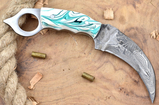 Custom Handmade Damascus Karambit Knife Hunting Karambit with Resin Handle