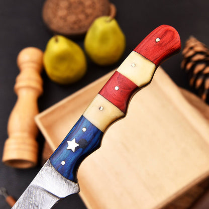 Custom Forged Damascus Steel Chef Fillet Kitchen Knife with Camel Bone Handle and Leather Sheath