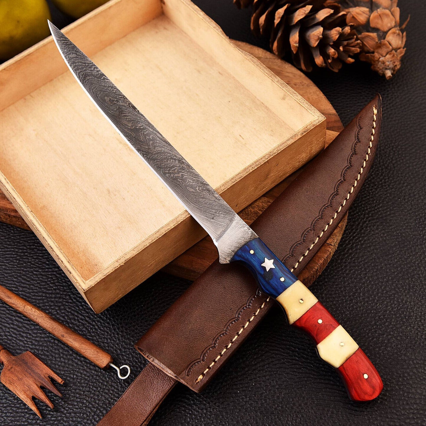 Custom Forged Damascus Steel Chef Fillet Kitchen Knife with Camel Bone Handle and Leather Sheath