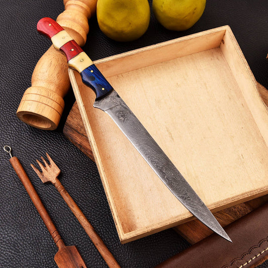 Custom Forged Damascus Steel Chef Fillet Kitchen Knife with Camel Bone Handle and Leather Sheath