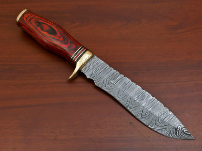 12" Custom Damascus Bowie Knife – Pakka Wood Handle with Brass Guard