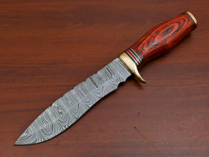 12" Custom Damascus Bowie Knife – Pakka Wood Handle with Brass Guard