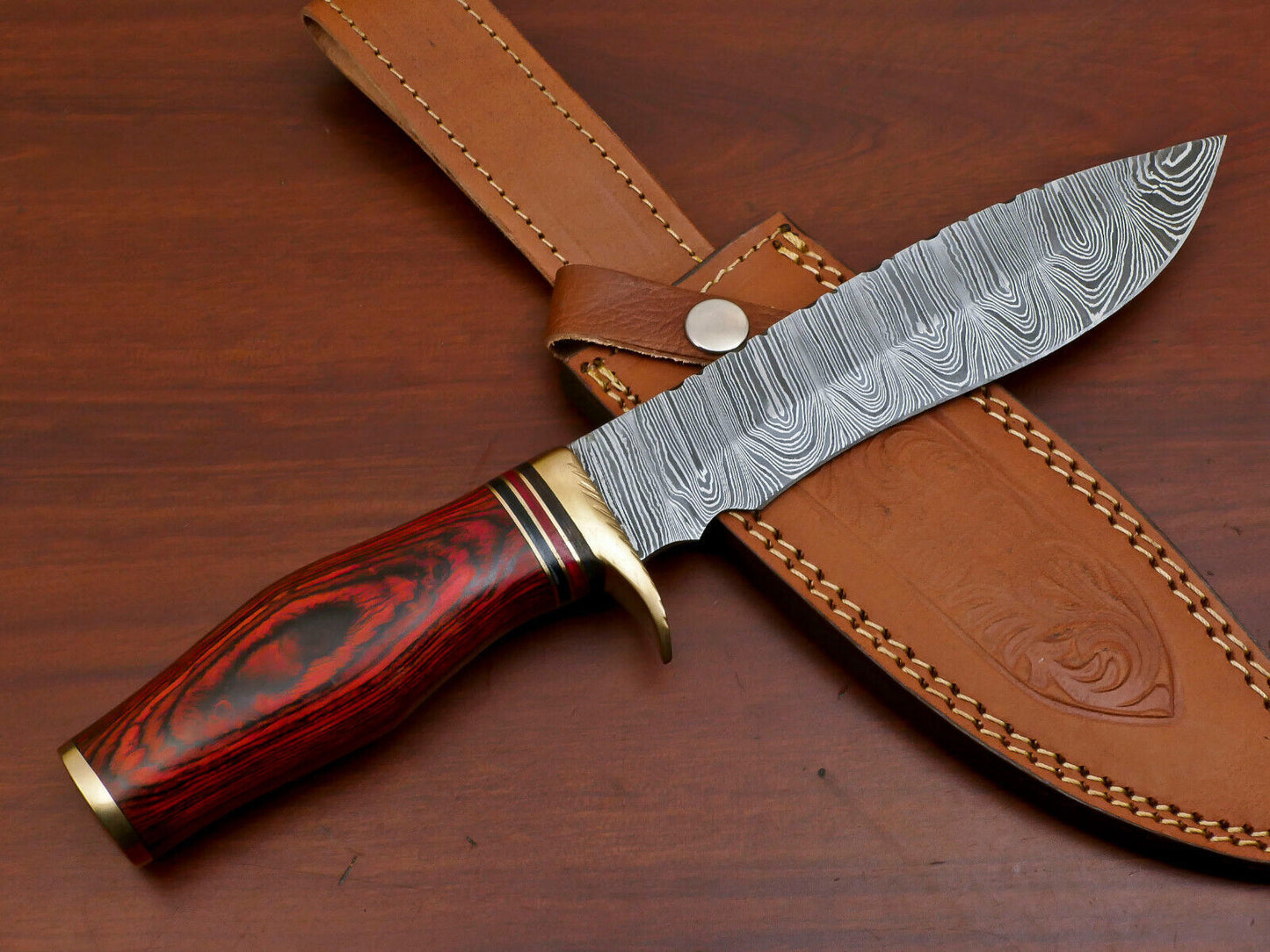 12" Custom Damascus Bowie Knife – Pakka Wood Handle with Brass Guard