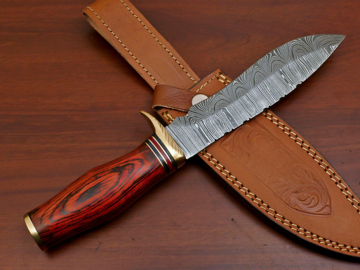 12" Custom Damascus Bowie Knife – Pakka Wood Handle with Brass Guard