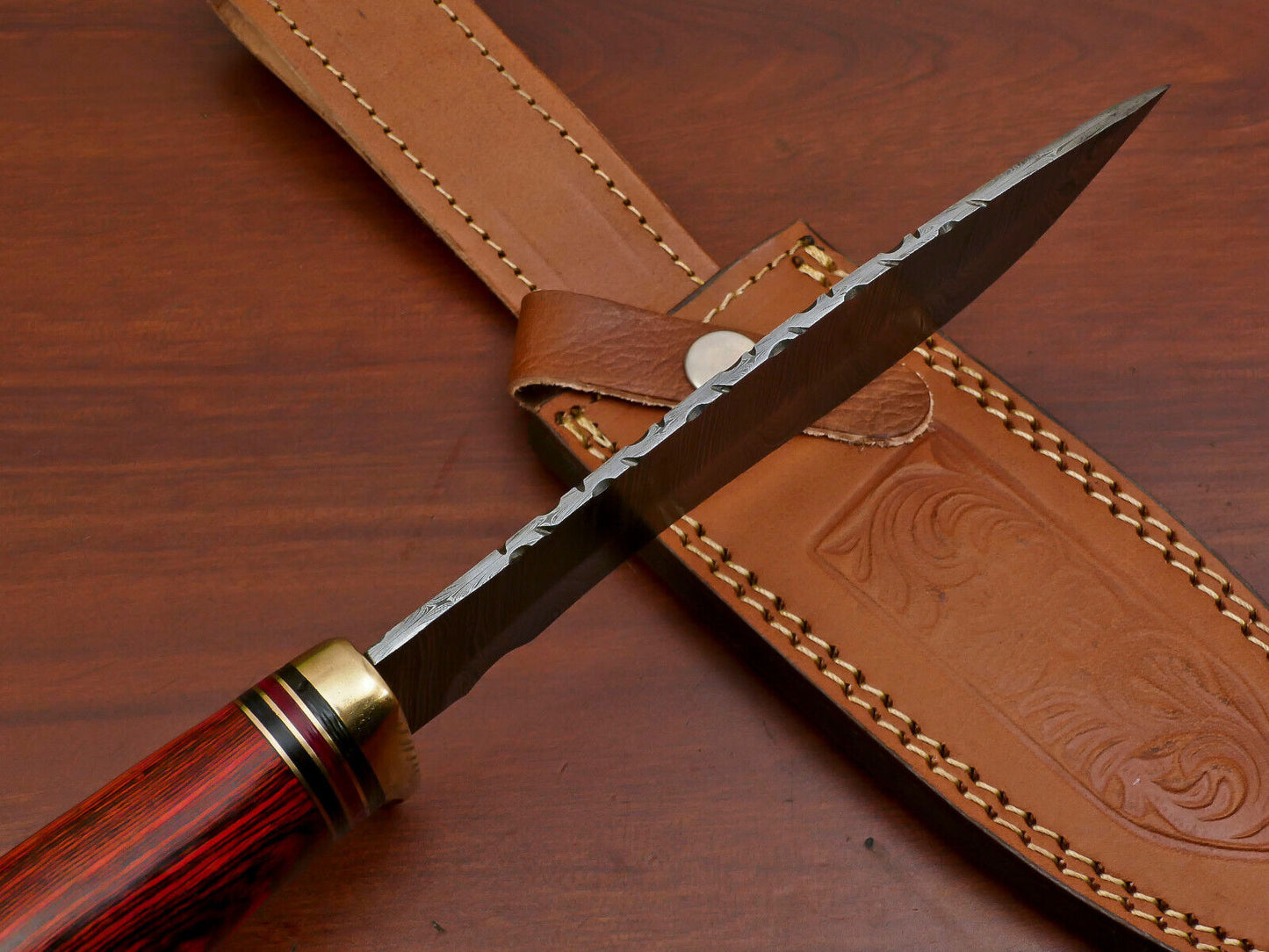 12" Custom Damascus Bowie Knife – Pakka Wood Handle with Brass Guard