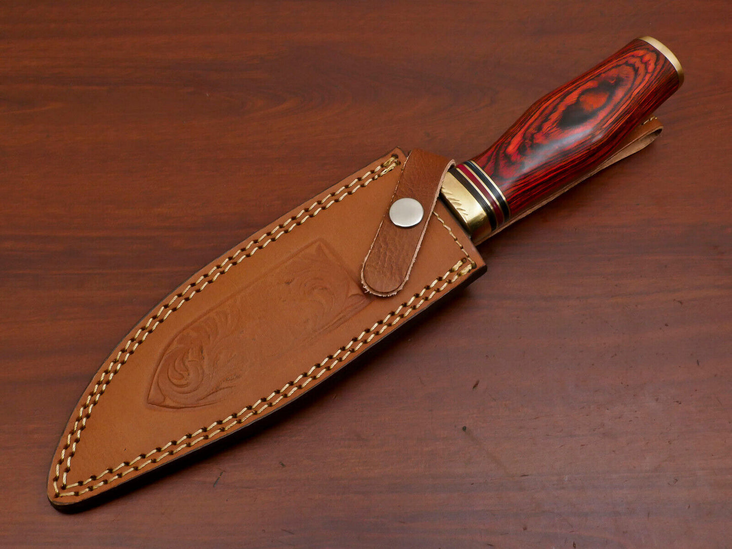 12" Custom Damascus Bowie Knife – Pakka Wood Handle with Brass Guard