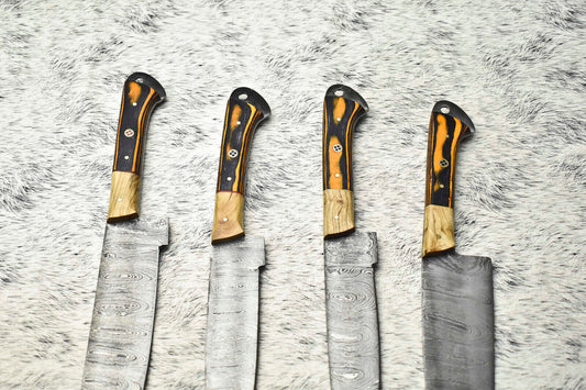 Lot Of 4 Handmade Damascus Hammered Full Tang Chef Set Knives | Hard Wood Handle