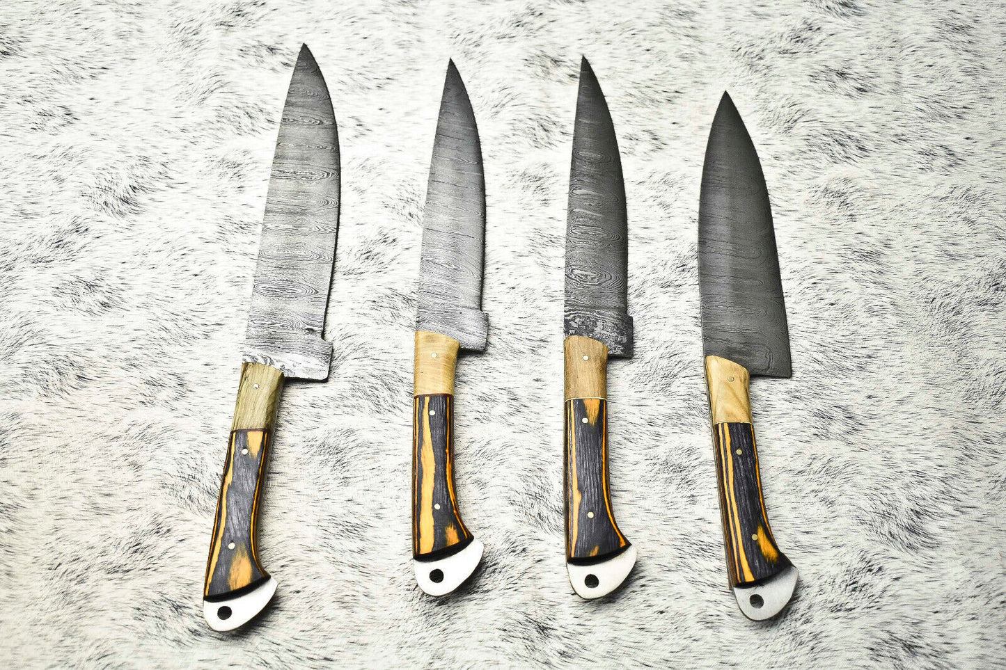 Lot Of 4 Handmade Damascus Hammered Full Tang Chef Set Knives | Hard Wood Handle