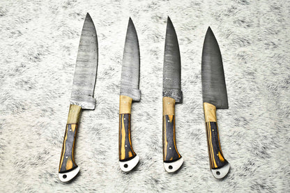 Lot Of 4 Handmade Damascus Hammered Full Tang Chef Set Knives | Hard Wood Handle