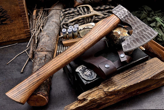 Hand Forged 1095 Bearded Viking Axe 15 Inch Camping Hatchet with Wood Handle and Leather Sheath